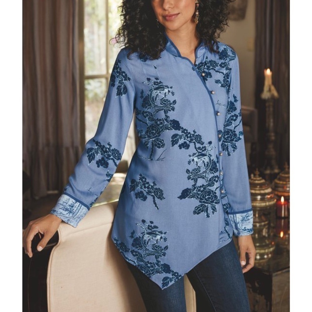 Soft Surroundings blue floral mandarin collar top asymmetric tunic kimono small
